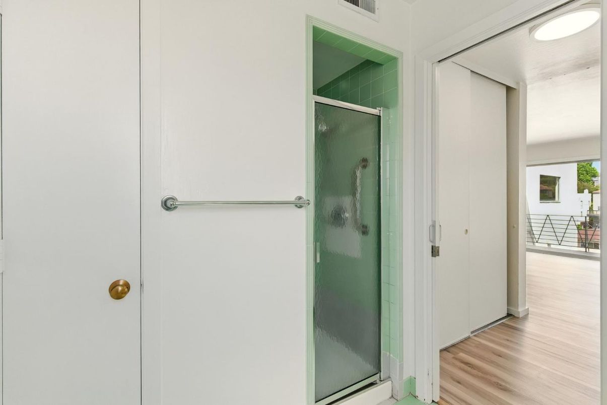 Bathroom, Glass Shower, Interior, Recessed Lighting, Wood Texture Flooring