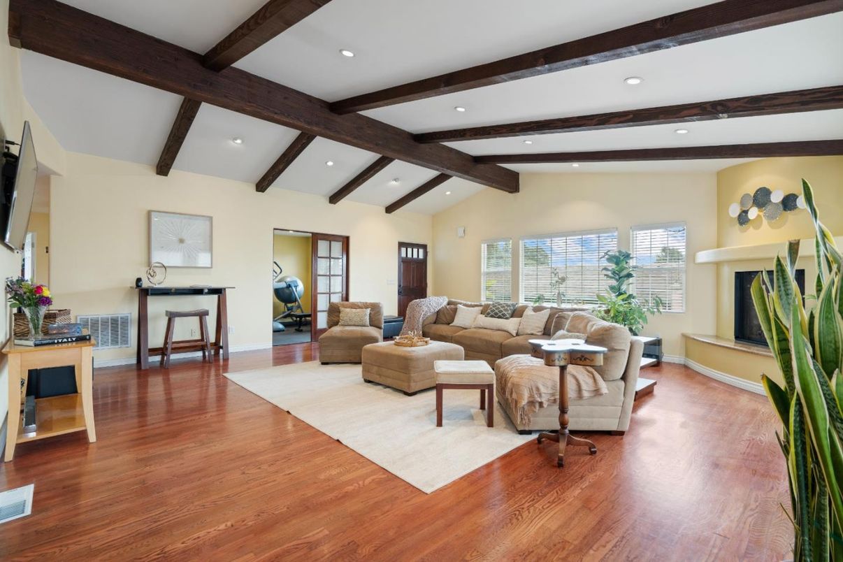 Fireplace, Interior, Living room, Recessed Lighting, Wooden Beams, Wood Texture Flooring