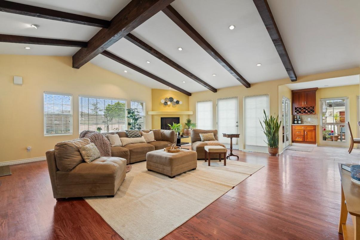 Fireplace, Interior, Living room, Recessed Lighting, Wooden Beams, Wood Texture Flooring