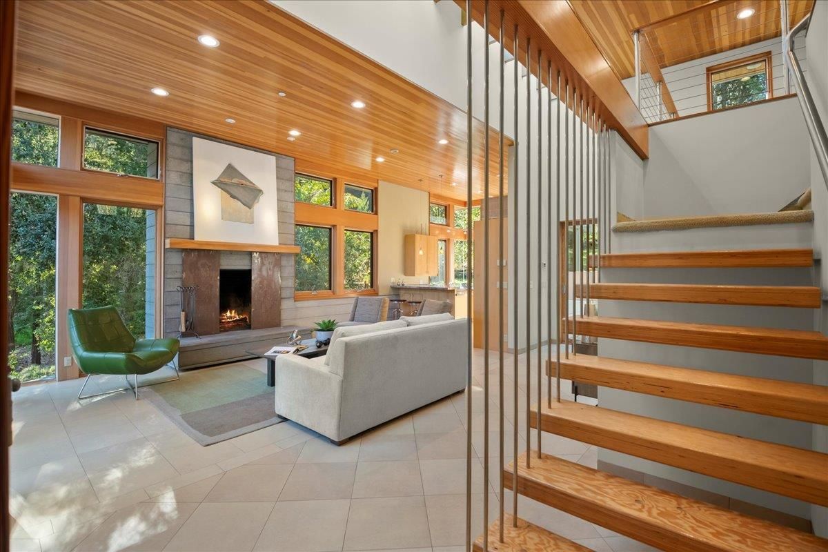 Fireplace, Interior, Living room, Recessed Lighting, Wooden Ceilings