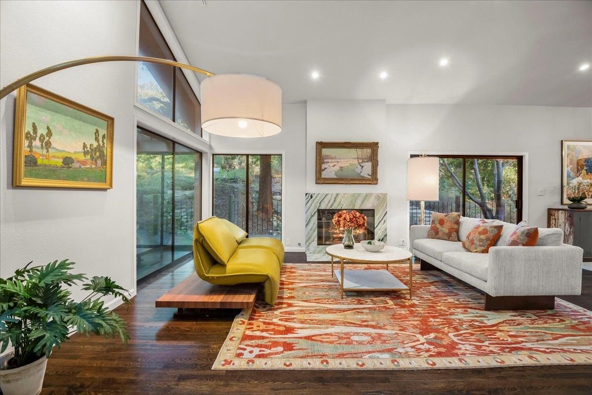 Fireplace, Interior, Living room, Recessed Lighting, Wood Texture Flooring