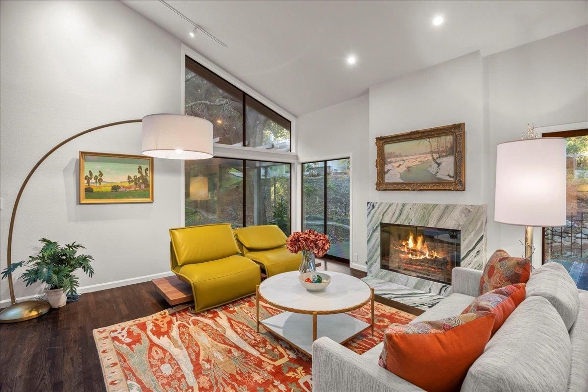 Fireplace, Interior, Living room, Recessed Lighting, Wood Texture Flooring