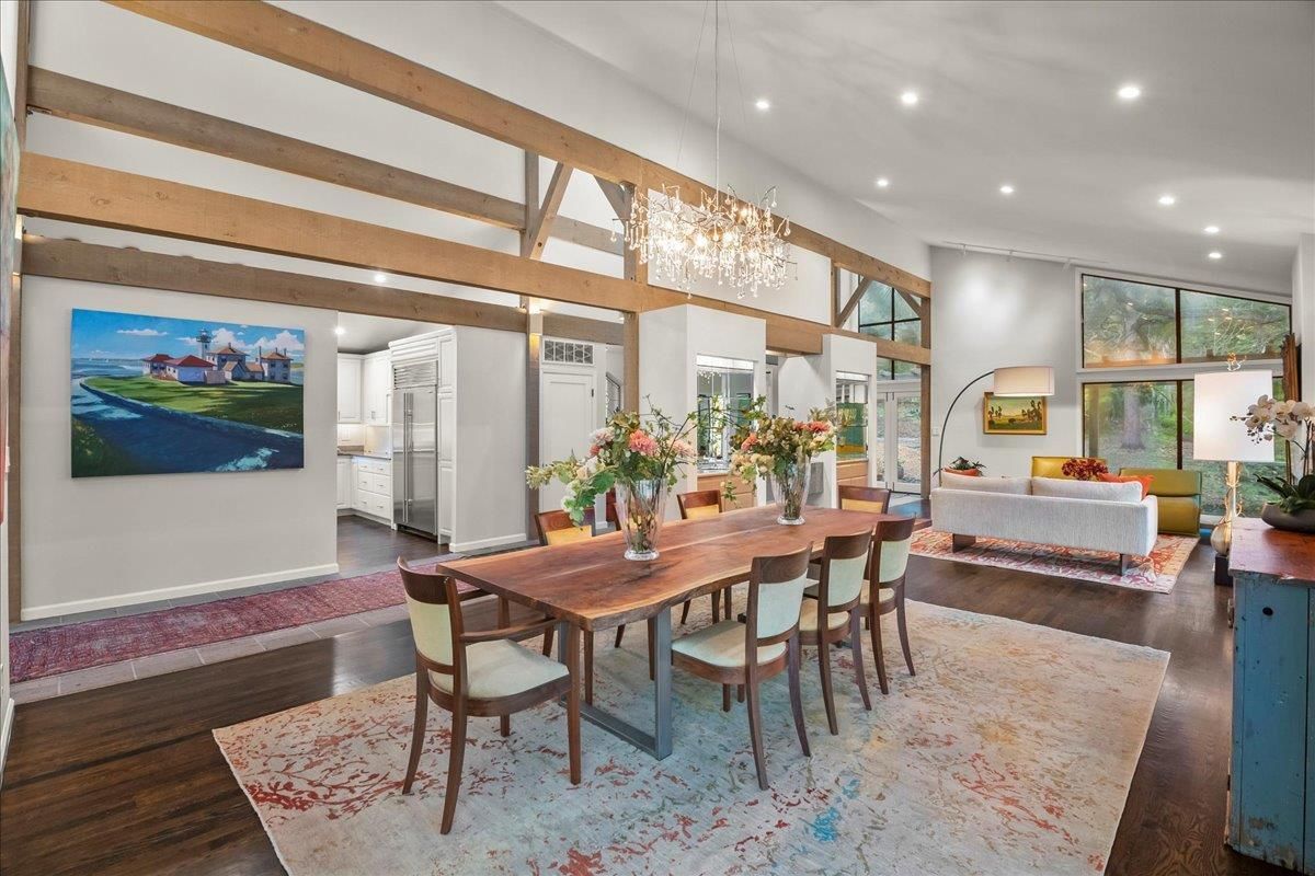 Chandelier, Dining room, Interior, Living room, Recessed Lighting, Wooden Beams, Wood Texture Flooring