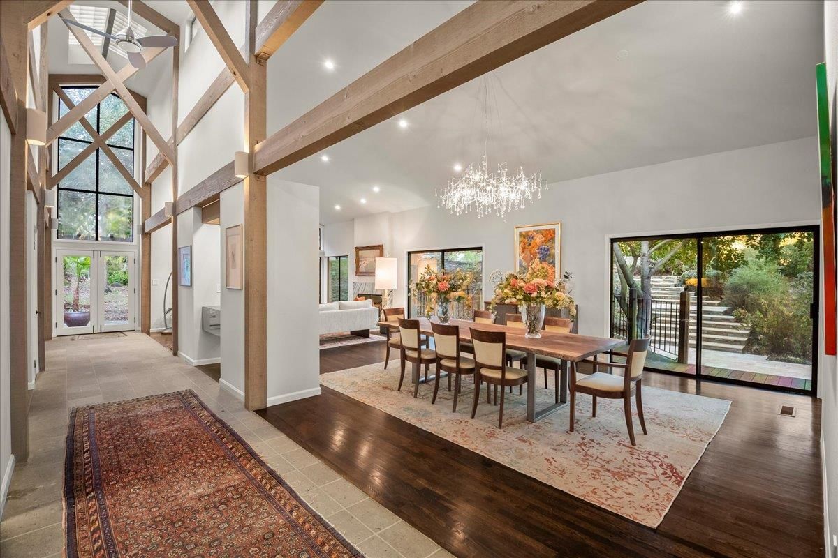 Chandelier, Dining room, Interior, Pendant Lights, Recessed Lighting, Wooden Beams, Wood Texture Flooring