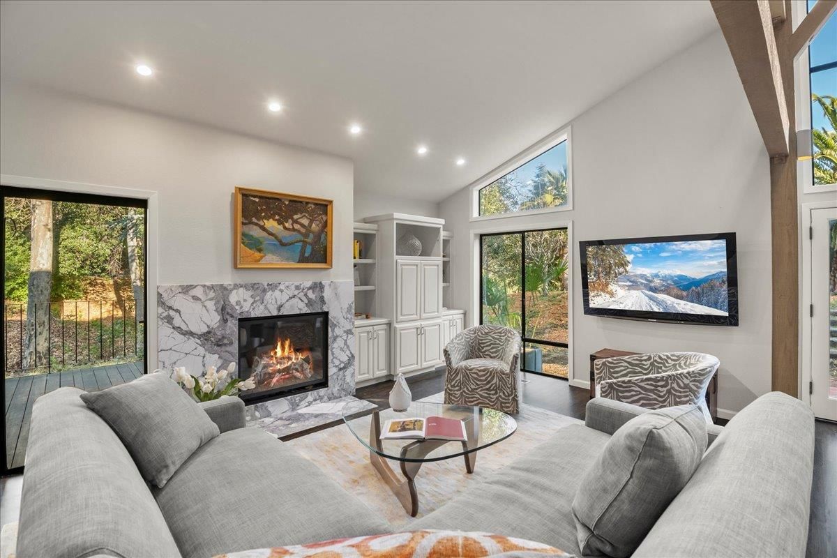 Fireplace, Interior, Living room, Recessed Lighting, Wood Texture Flooring