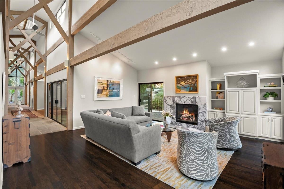 Fireplace, Interior, Living room, Recessed Lighting, Wooden Beams, Wood Texture Flooring