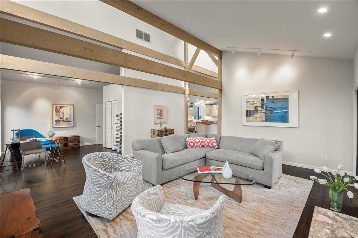 Dining room, Interior, Living room, Recessed Lighting, Wooden Beams, Wood Texture Flooring