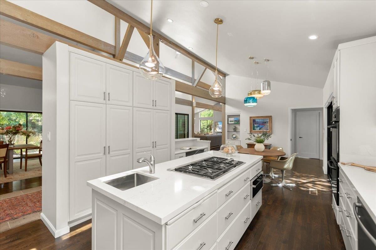Dining room, Interior, Kitchen, Pendant Lights, Recessed Lighting, Stainless Steel Appliances, Wooden Beams, Wood Texture Flooring