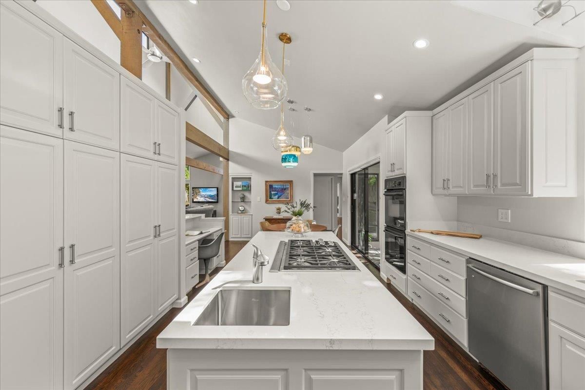Interior, Kitchen, Pendant Lights, Recessed Lighting, Stainless Steel Appliances, Wood Texture Flooring
