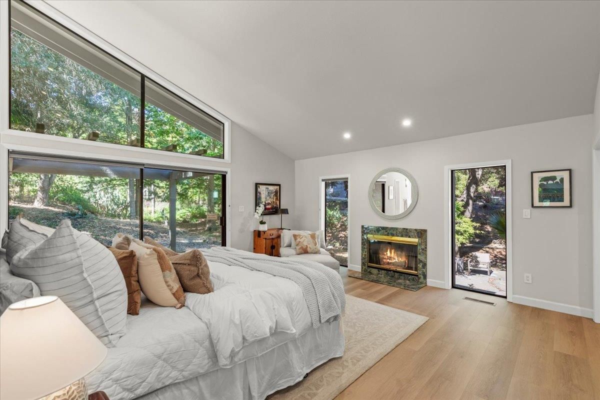 Bedroom, Fireplace, Interior, Recessed Lighting, Wood Texture Flooring