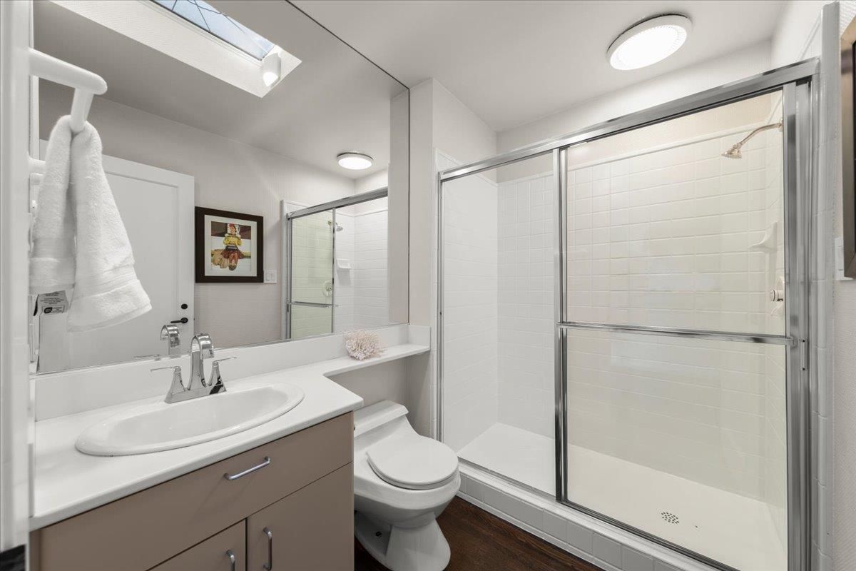 Bathroom, Glass Shower, Interior, Wood Texture Flooring