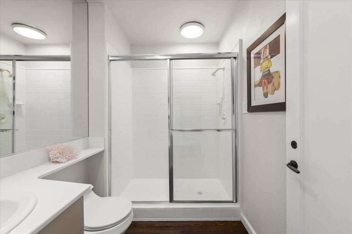 Bathroom, Glass Shower, Interior, Wood Texture Flooring