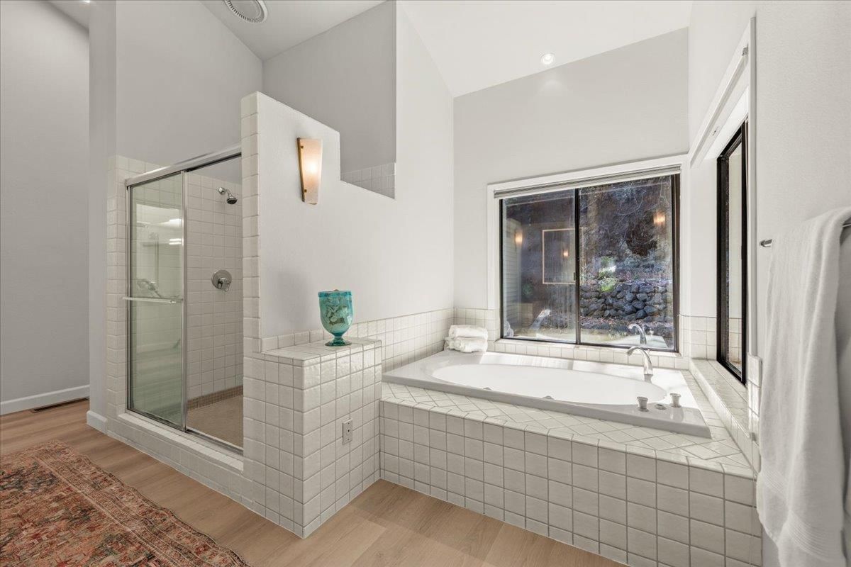 Bathroom, Glass Shower, Interior, Recessed Lighting, Wood Texture Flooring