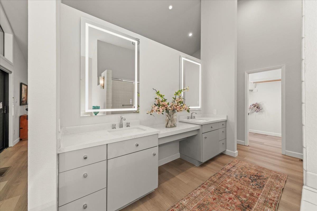 Bathroom, Dual Sink Vanities, Interior, Recessed Lighting, Wood Texture Flooring
