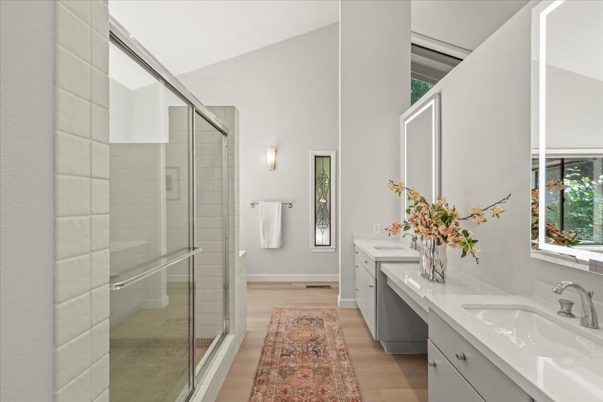 Bathroom, Dual Sink Vanities, Glass Shower, Interior, Wood Texture Flooring
