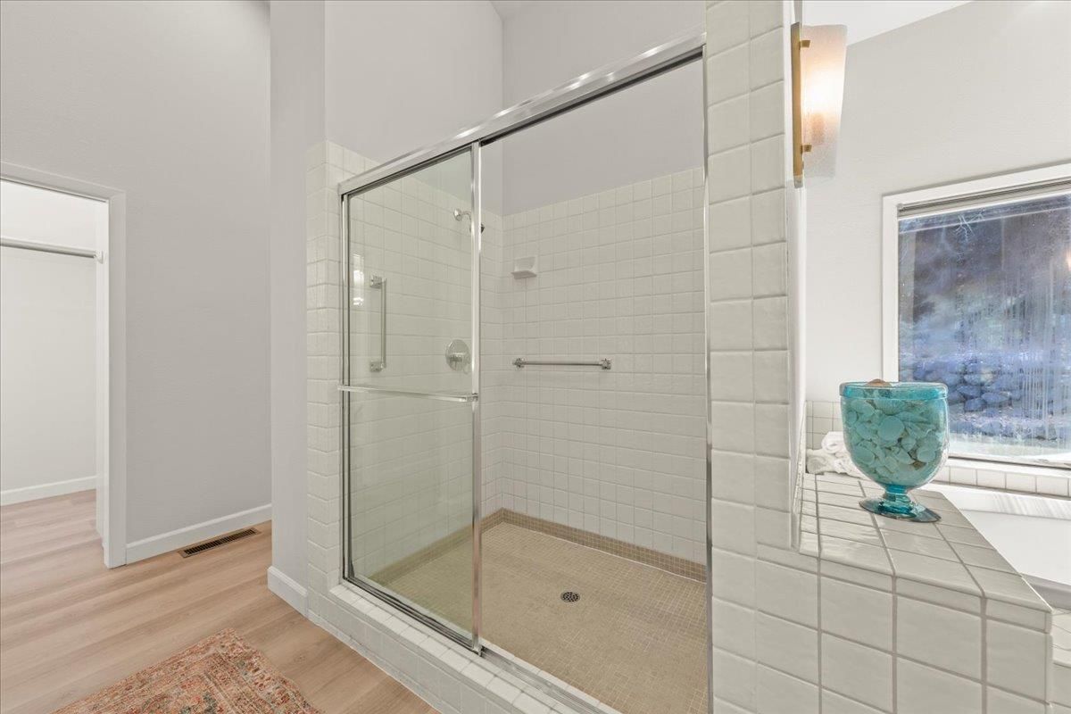 Bathroom, Glass Shower, Interior, Wood Texture Flooring