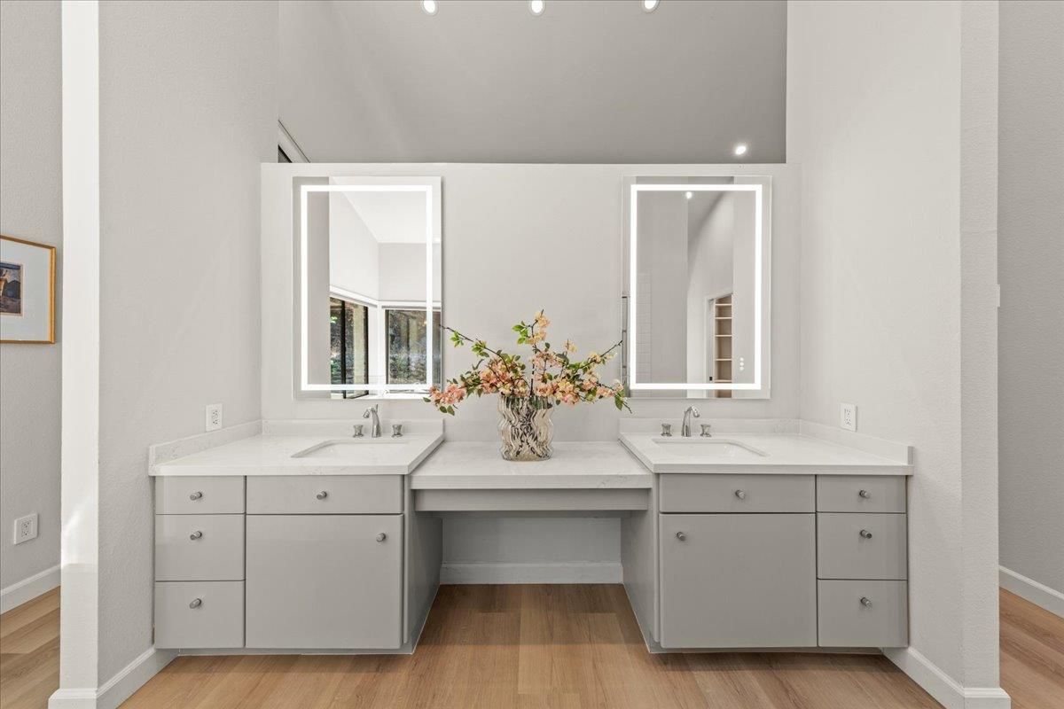 Bathroom, Dual Sink Vanities, Interior, Recessed Lighting, Wood Texture Flooring