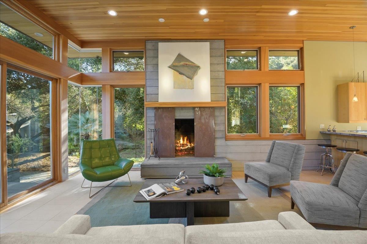 Fireplace, Interior, Living room, Pendant Lights, Recessed Lighting, Wooden Ceilings