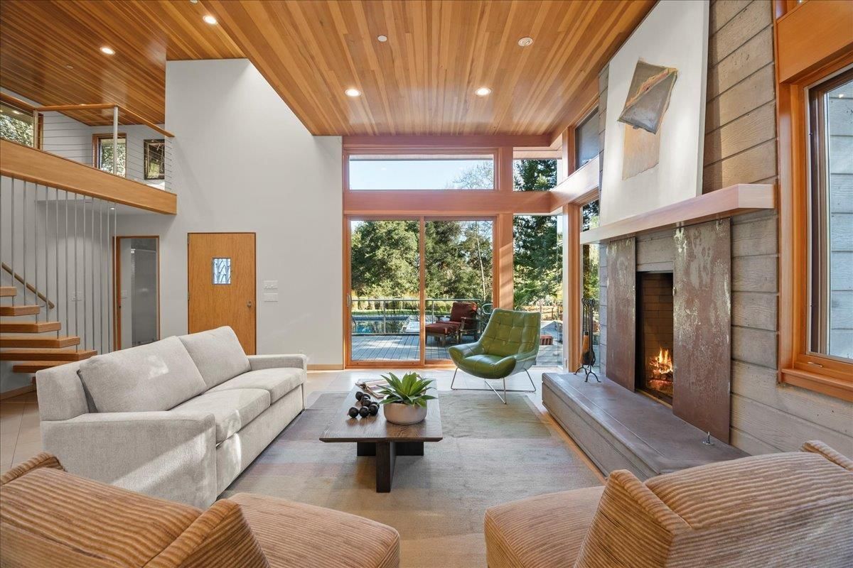 Fireplace, Interior, Living room, Recessed Lighting, Wooden Ceilings