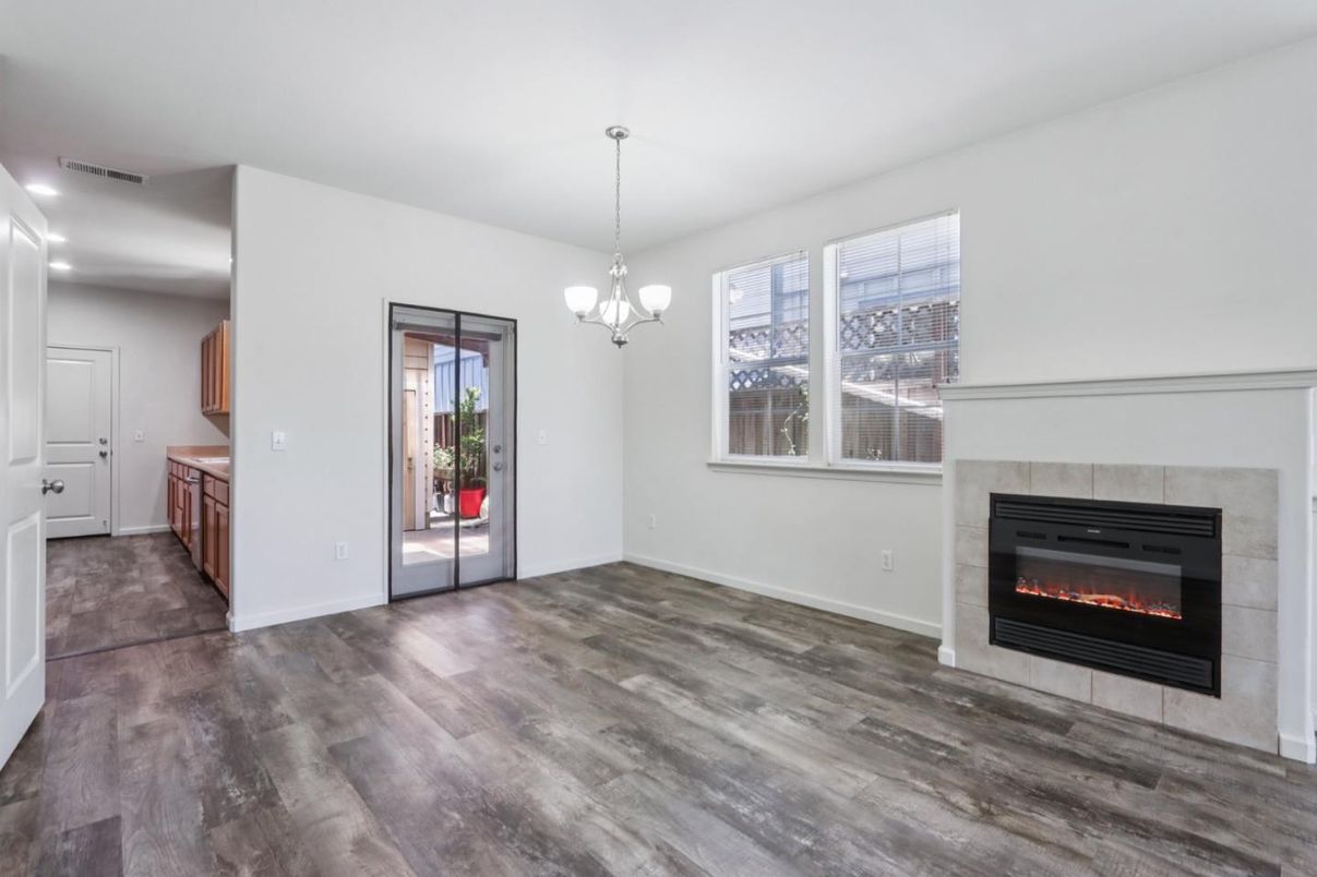 Chandelier, Empty room, Fireplace, Interior, Pendant Lights, Wood Texture Flooring