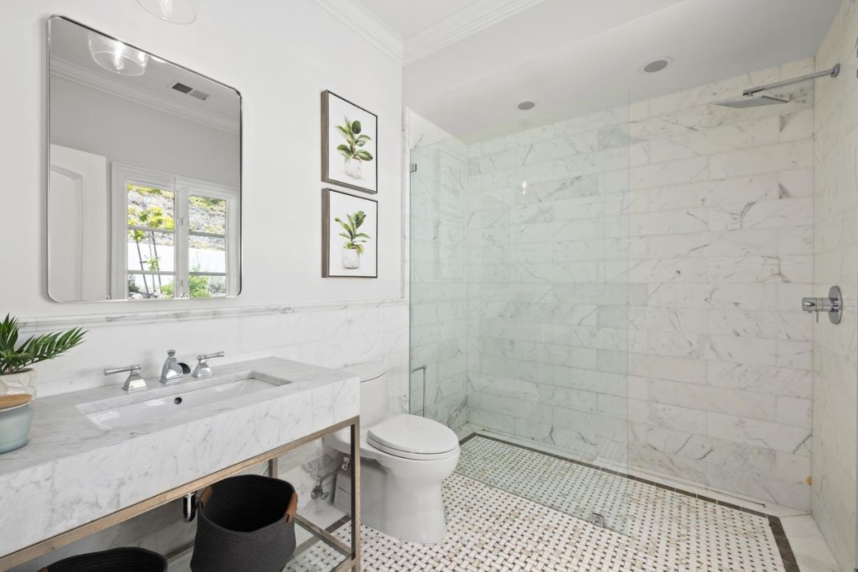 Bathroom, Glass Shower, Interior, Marble Walls, Recessed Lighting