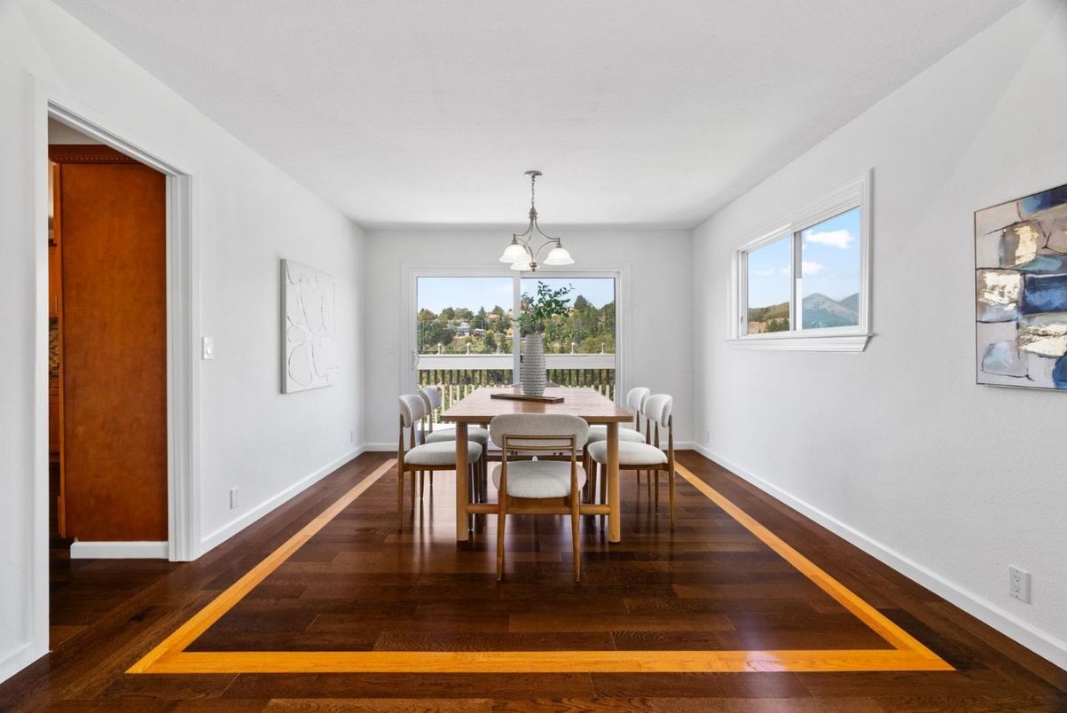 Dining room, Interior, Pendant Lights, Wood Texture Flooring
