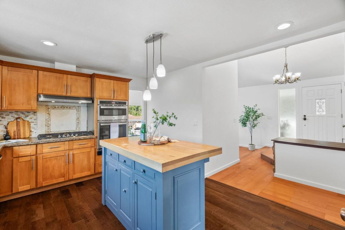 Chandelier, Interior, Kitchen, Pendant Lights, Recessed Lighting, Stainless Steel Appliances, Wood Texture Flooring