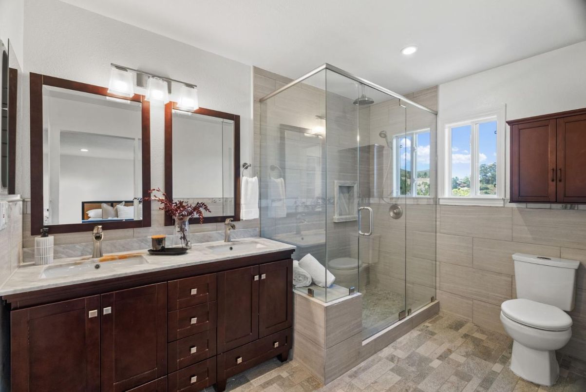 Bathroom, Dual Sink Vanities, Glass Shower, Interior, Recessed Lighting