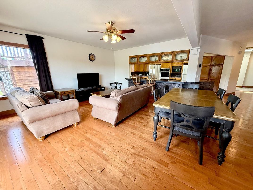 Dining room, Interior, Kitchen, Living room, Stainless Steel Appliances, Wood Texture Flooring