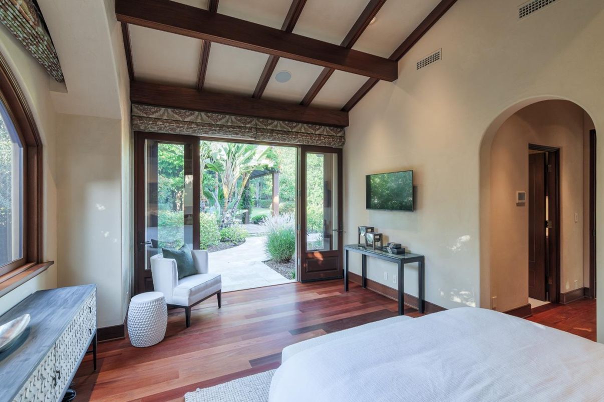 Bedroom, Interior, Recessed Lighting, Wooden Beams, Wood Texture Flooring