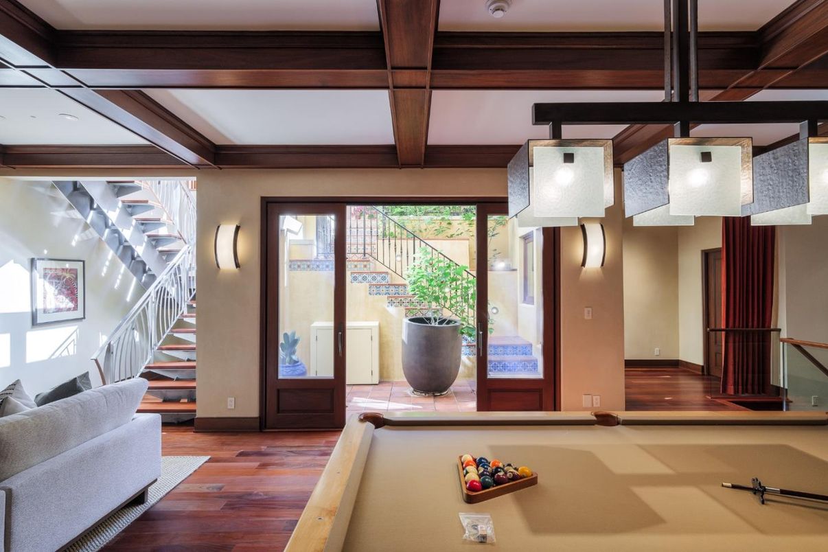 Billiard Table, Game Room, Interior, Wooden Beams, Wood Texture Flooring