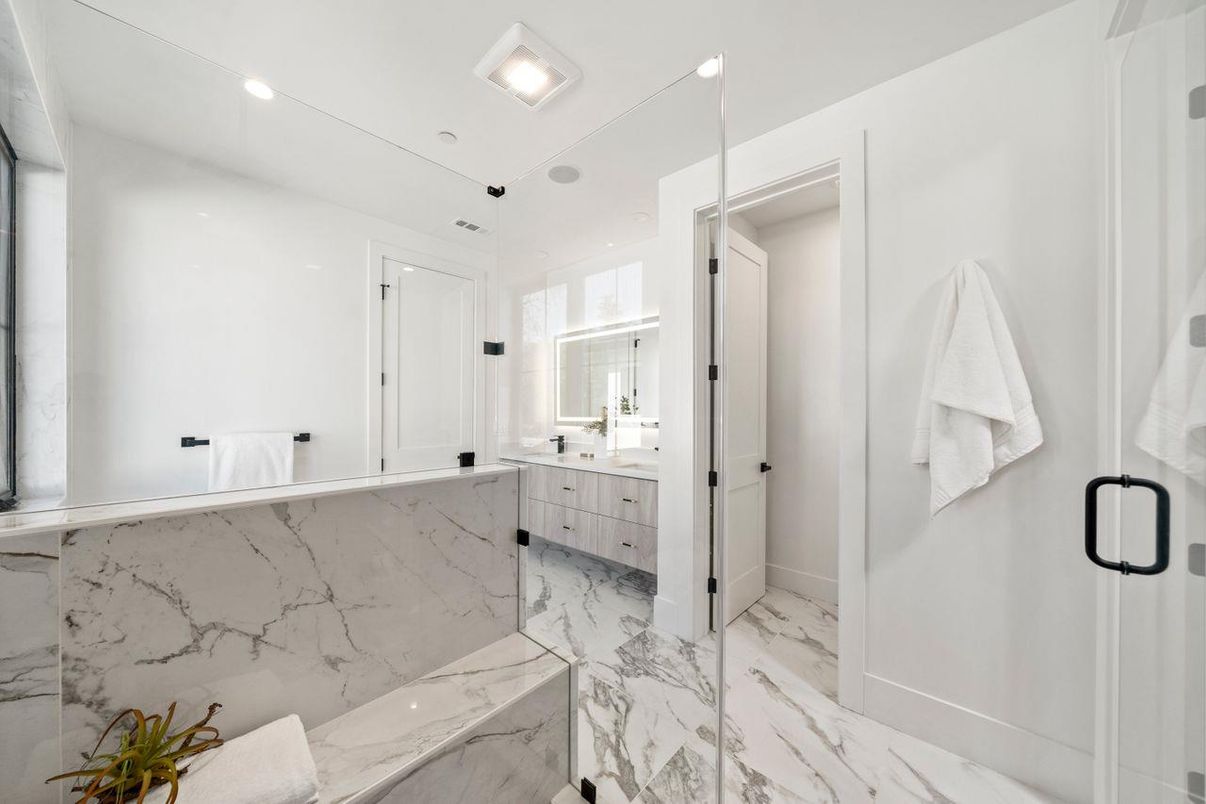 Bathroom, Glass Shower, Interior, Marble, Marble Walls, Recessed Lighting