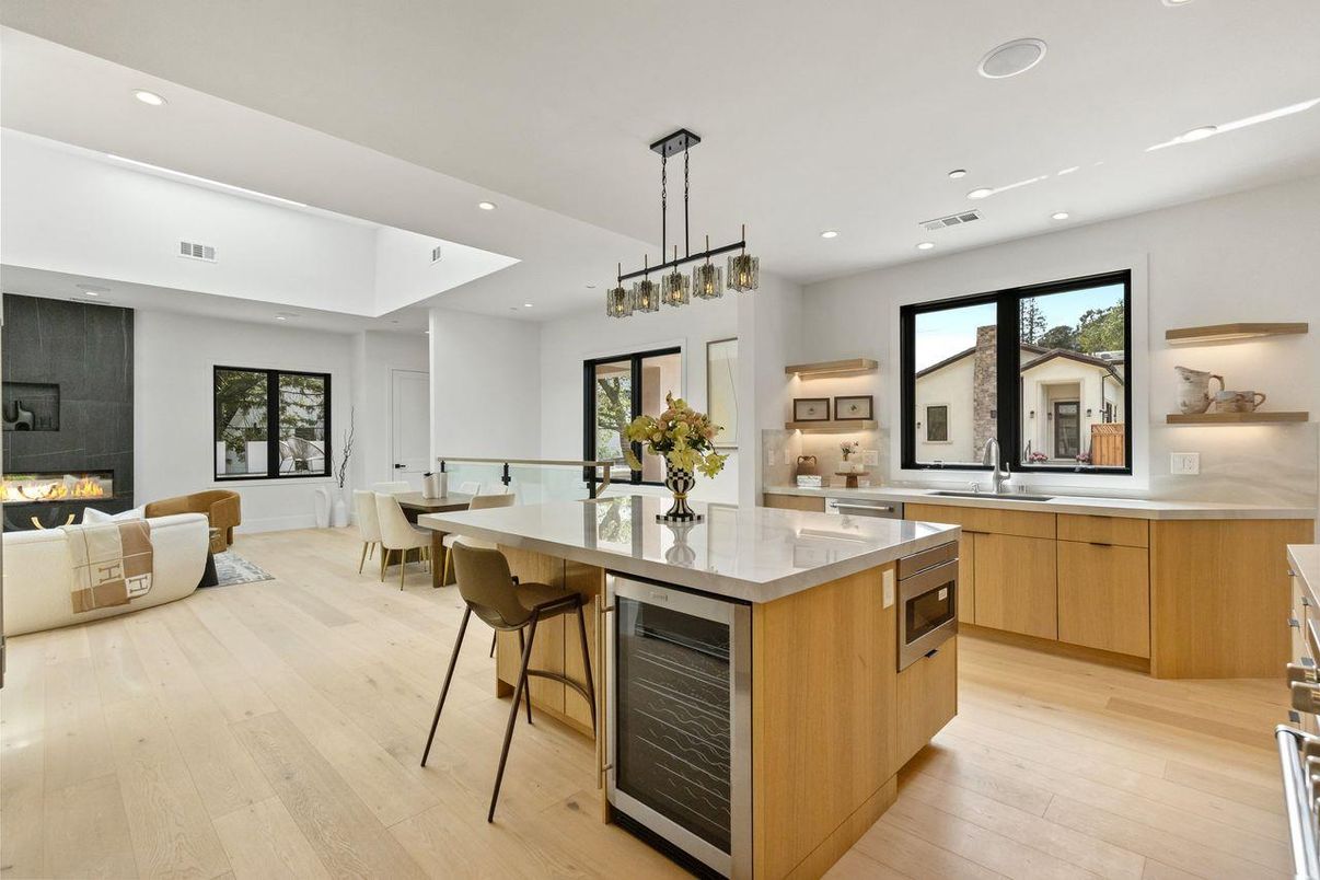 Dining room, Fireplace, Interior, Kitchen, Living room, Pendant Lights, Recessed Lighting, Wood Texture Flooring