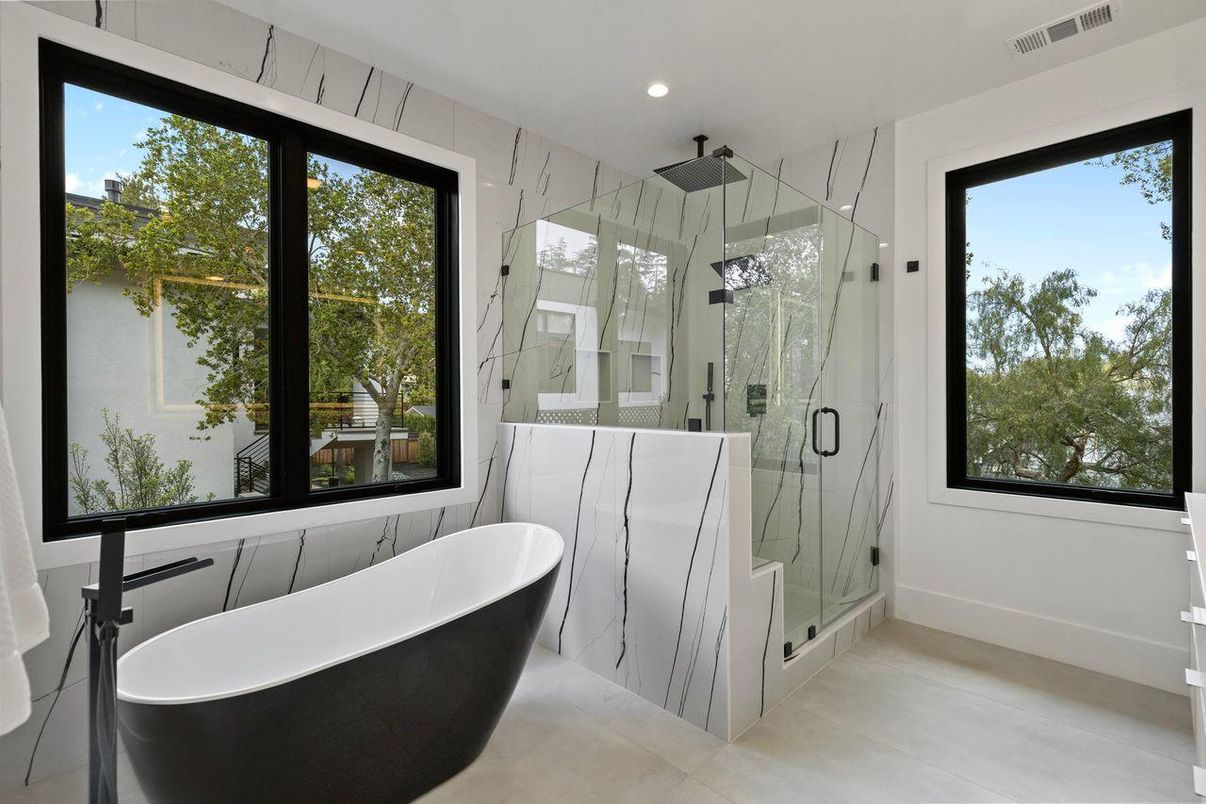 Bathroom, Free Standing Baths, Glass Shower, Interior, Marble Walls, Recessed Lighting