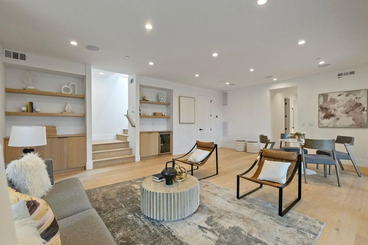 Dining room, Interior, Living room, Recessed Lighting, Wood Texture Flooring