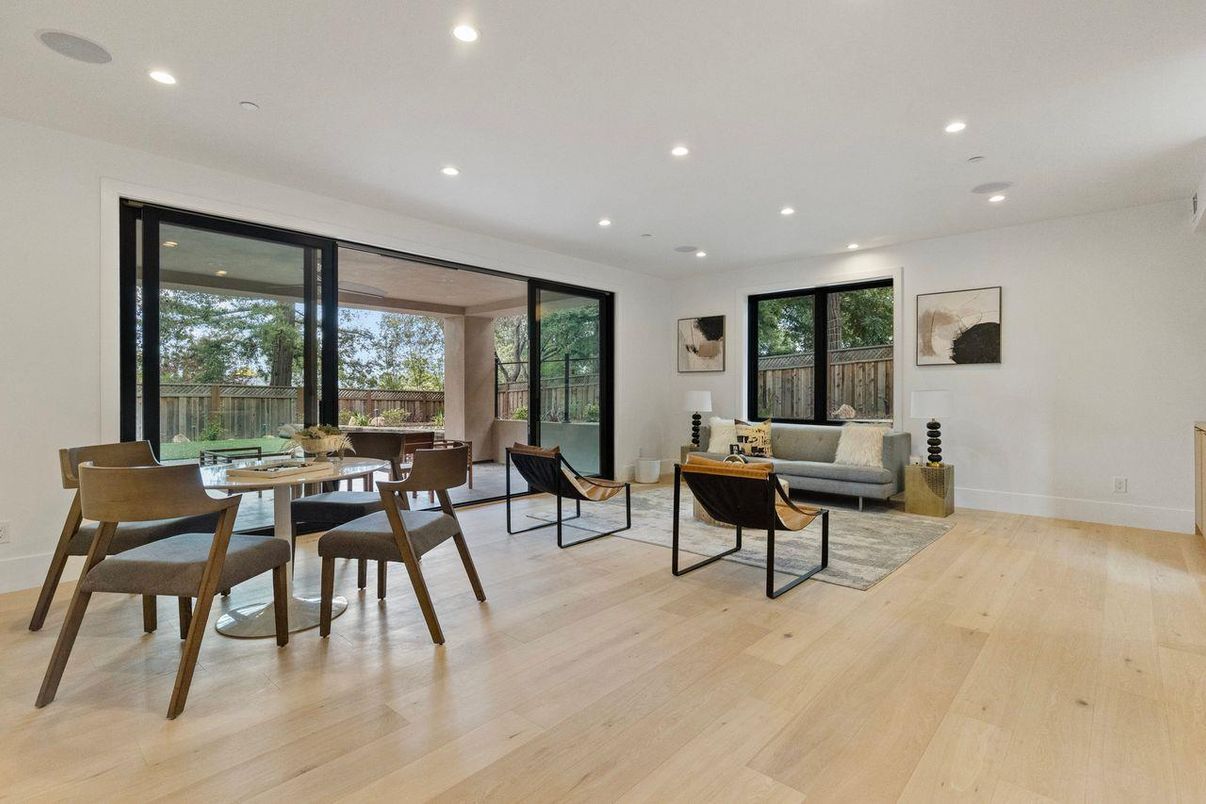 Dining room, Interior, Living room, Recessed Lighting, Wood Texture Flooring