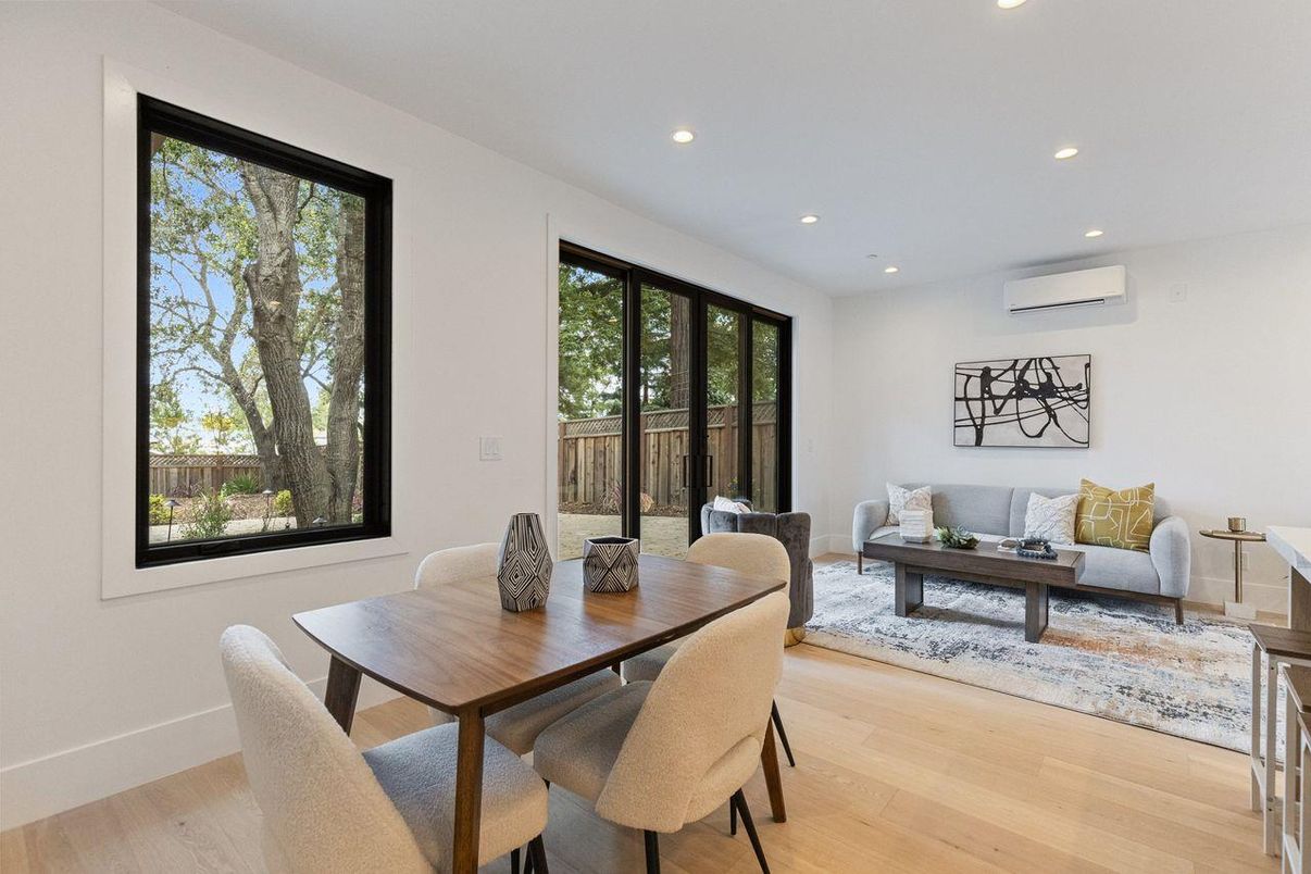 Dining room, Interior, Living room, Recessed Lighting, Wood Texture Flooring