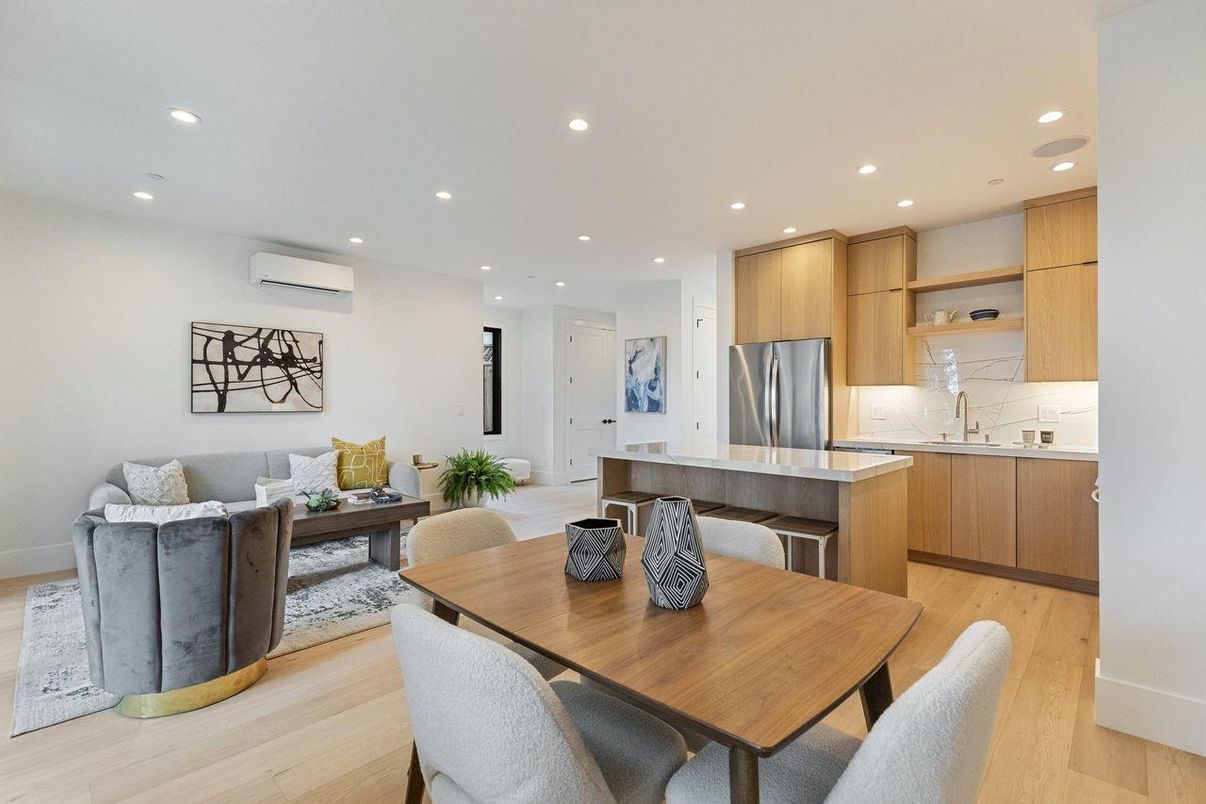 Dining room, Interior, Kitchen, Living room, Recessed Lighting, Stainless Steel Appliances, Wood Texture Flooring