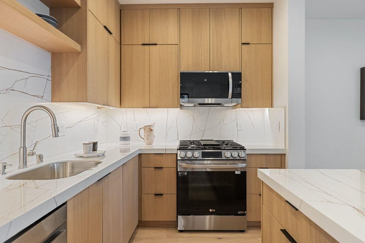 Interior, Kitchen, Marble Walls, Stainless Steel Appliances, Wood Texture Flooring