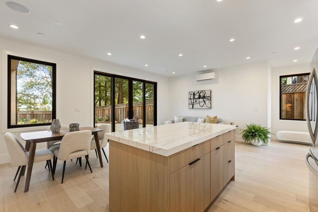 Dining room, Interior, Recessed Lighting, Wood Texture Flooring