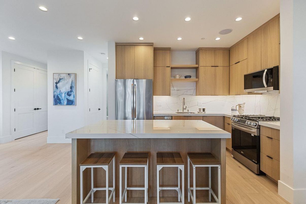 Interior, Kitchen, Recessed Lighting, Stainless Steel Appliances, Wood Texture Flooring