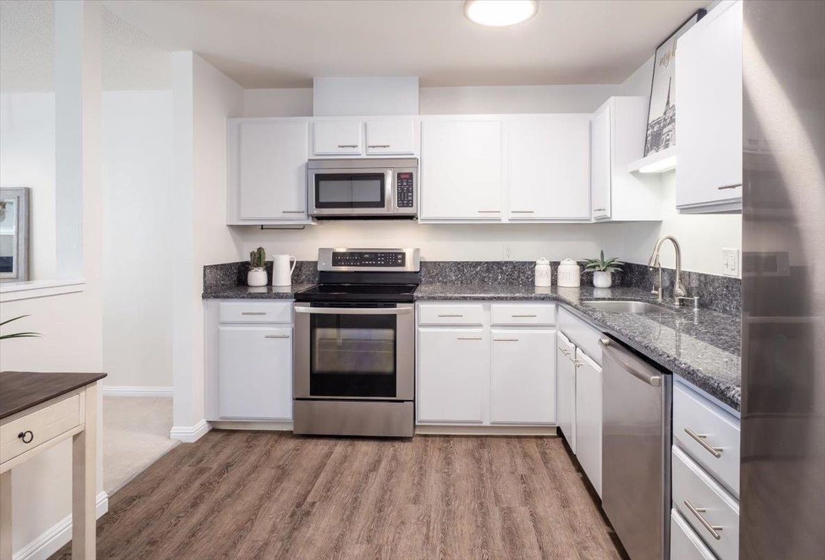 Interior, Kitchen, Recessed Lighting, Stainless Steel Appliances, Wood Texture Flooring