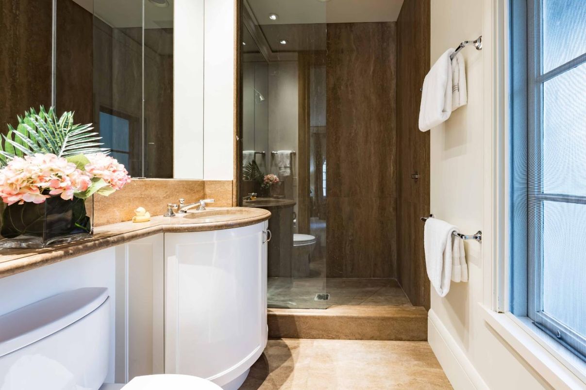 Bathroom, Glass Shower, Interior, Recessed Lighting