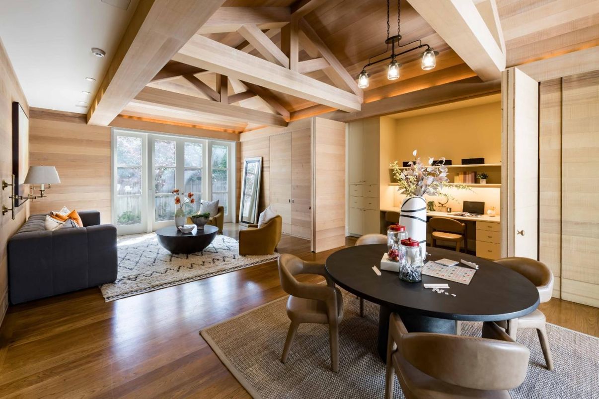 Dining room, Interior, Living room, Pendant Lights, Recessed Lighting, Wooden Ceilings, Wood Texture Flooring, Wooden Walls