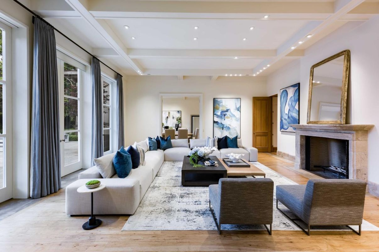 Fireplace, Interior, Living room, Recessed Lighting, Wood Texture Flooring