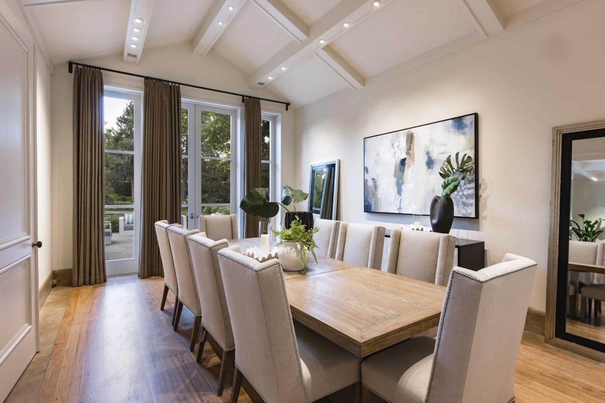 Dining room, Interior, Recessed Lighting, Wood Texture Flooring