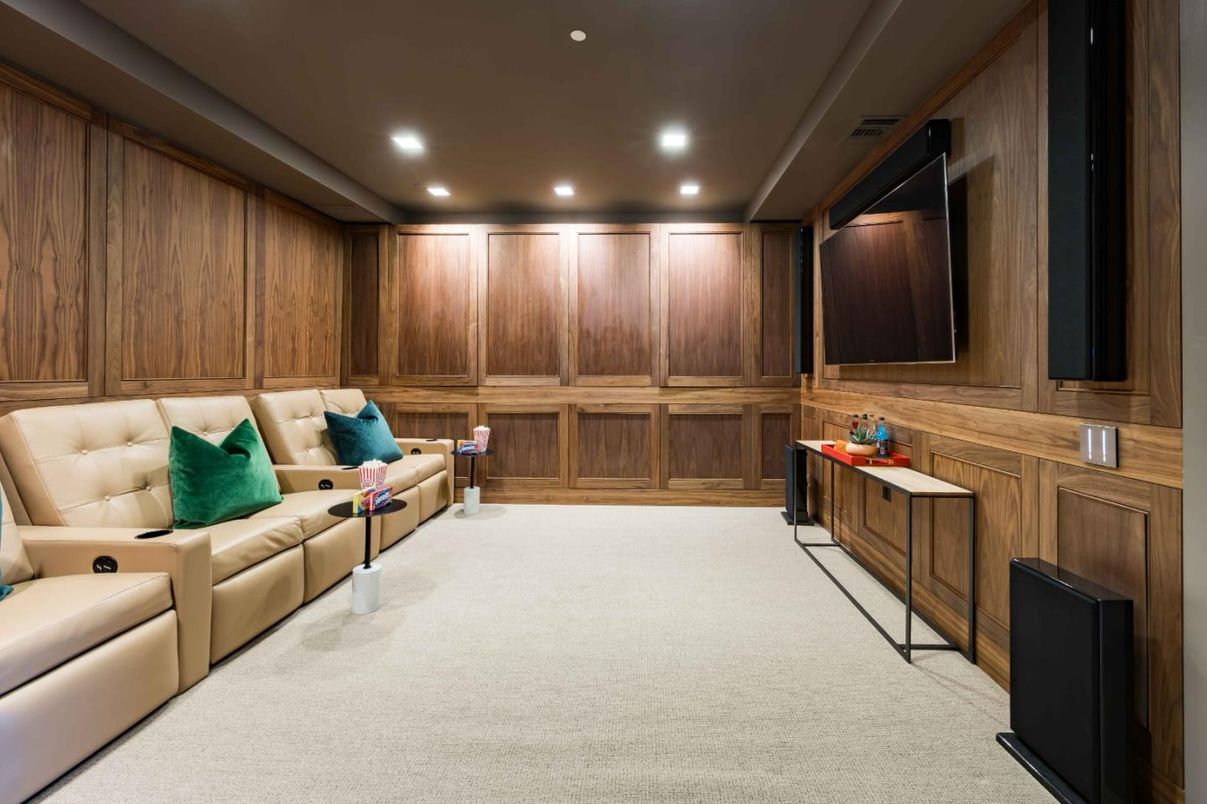 Home Theatre Room, Interior, Living room, Recessed Lighting, Theatre Room, Wooden Walls