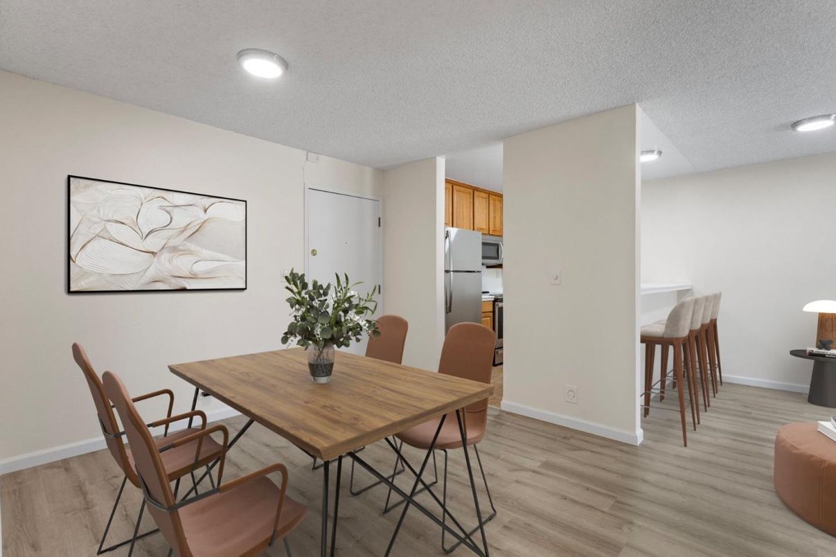 Dining room, Interior, Living room, Recessed Lighting, Wood Texture Flooring