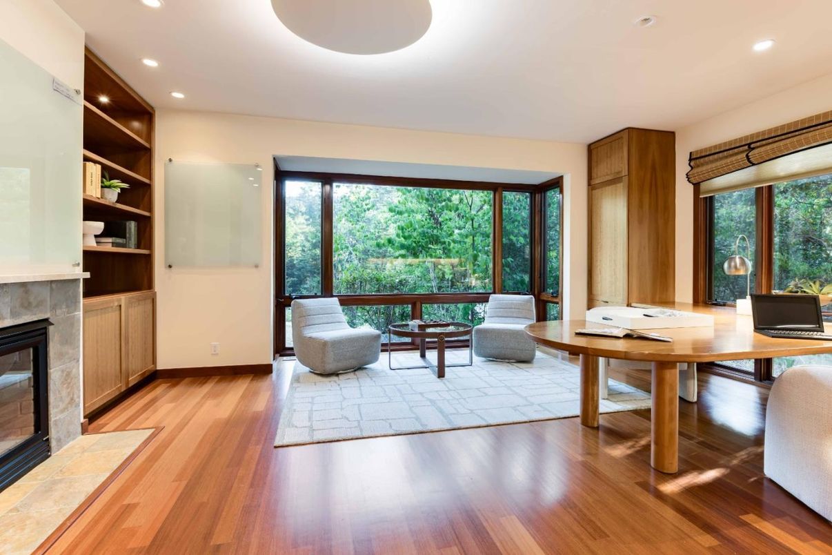 Fireplace, Home Office, Interior, Recessed Lighting, Wood Texture Flooring