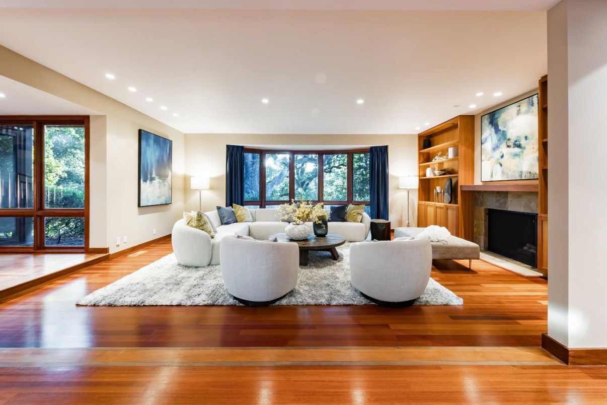 Fireplace, Interior, Living room, Recessed Lighting, Wood Texture Flooring